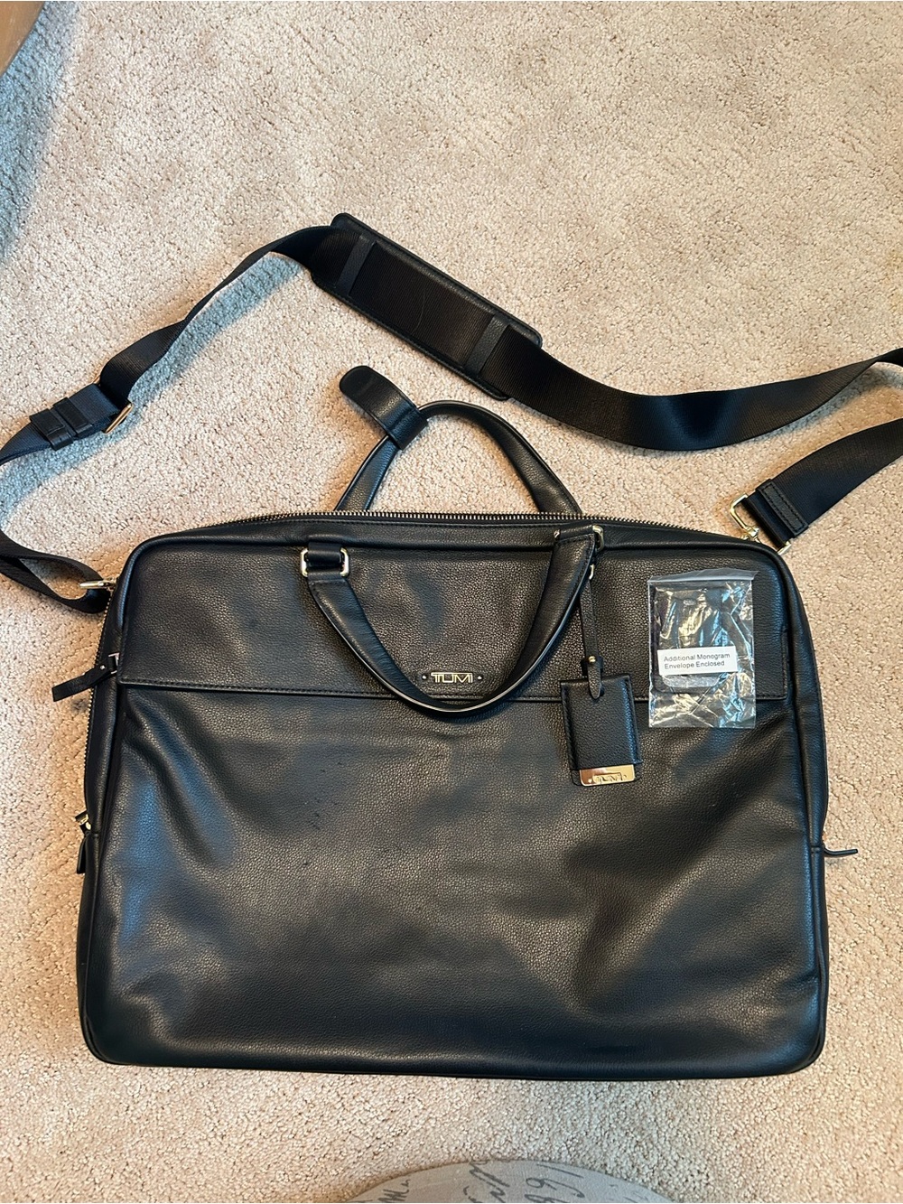 TUMI Black Pebbled Leather Business Briefcase Laptop Bag Gold Hardware